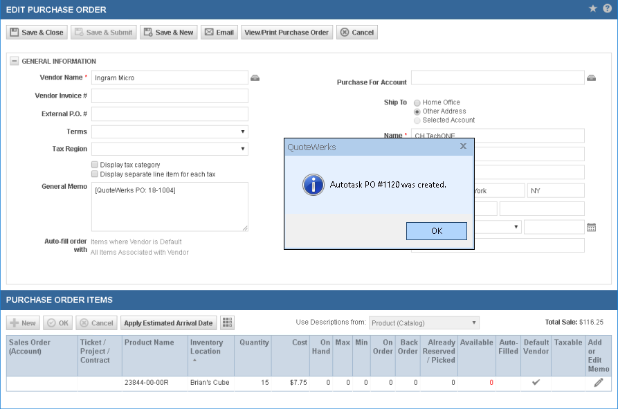QuoteWerks Creates Purchase orders in Datto Autotask PSA