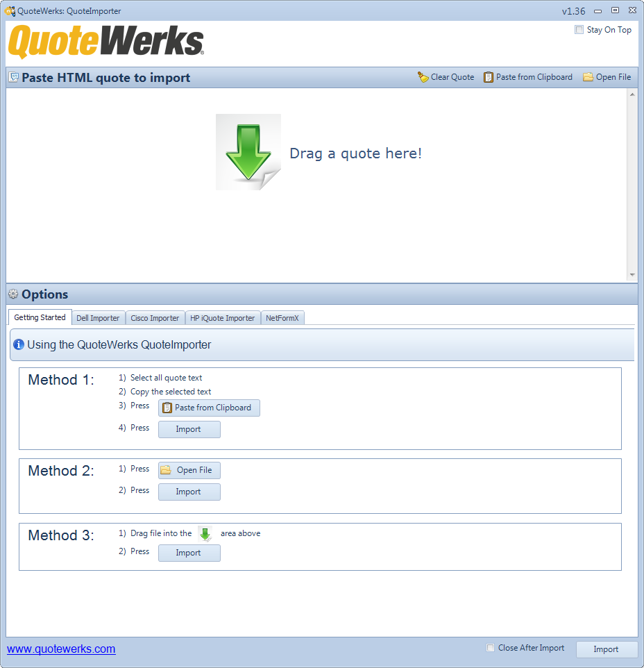 QuoteWerks Quote Importer enables you to import quotes from Dell, Cisco, and Netformx