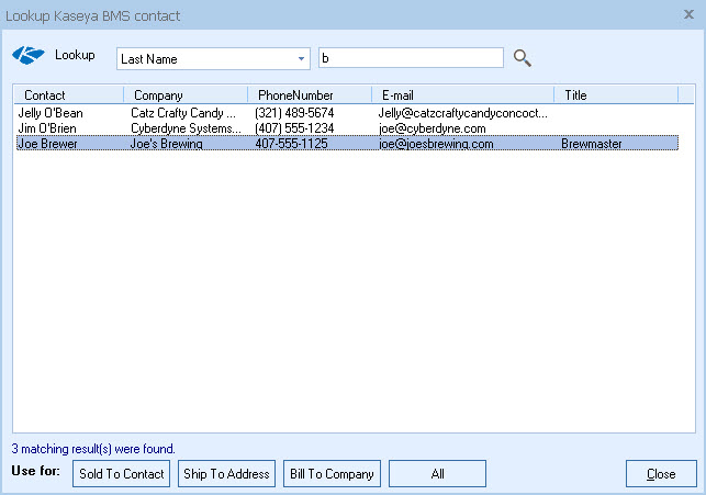 QuoteWerks Searches the Kaseya BMS Database for Contacts