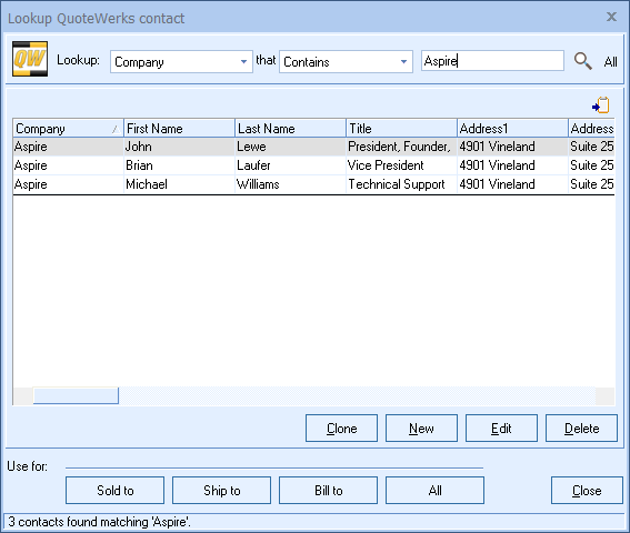 QuoteWerks lets your search the database for a contact to
use in the quote