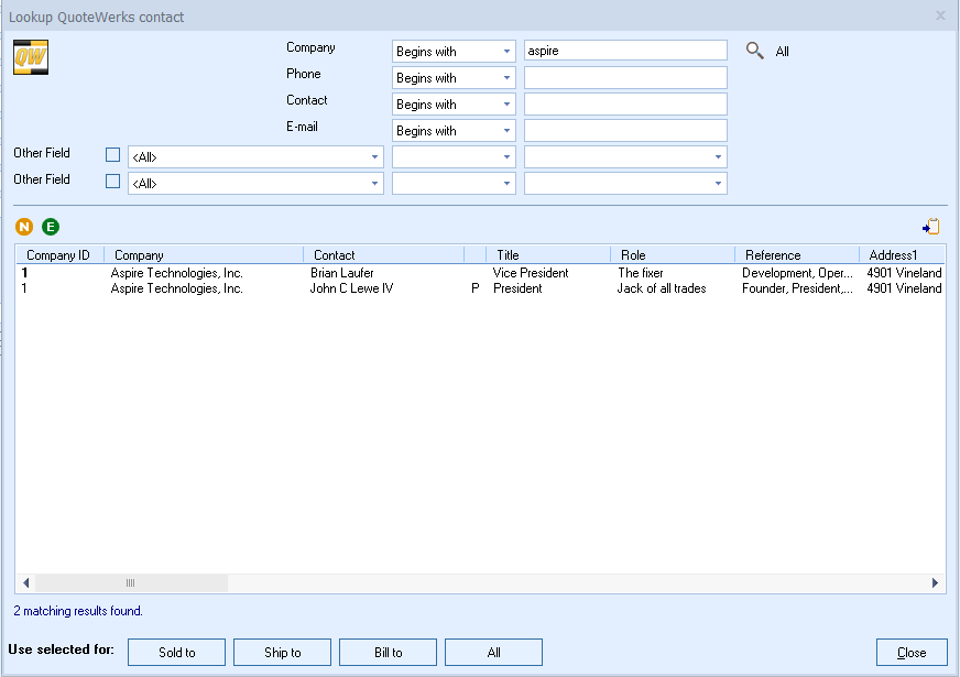 QuoteWerks lets your search the database for a contact to
use in the quote