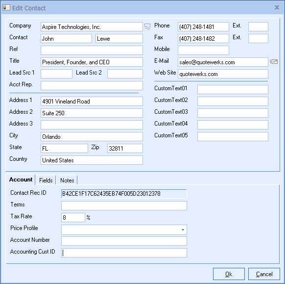 QuoteWerks can pull lookup list information from the
contact