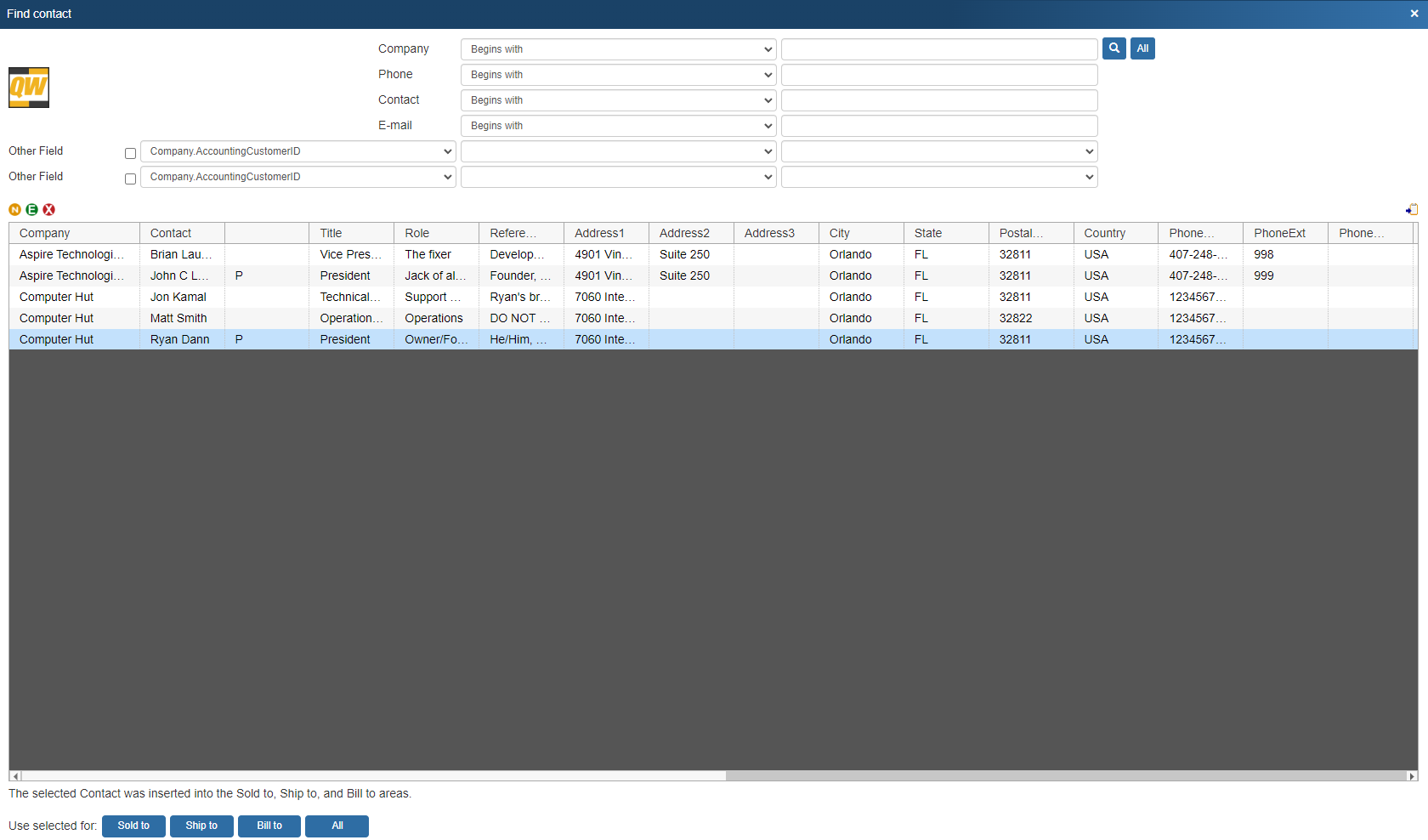 QuoteWerks lets your search the database for a contact to
use in the quote